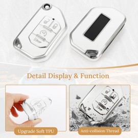 Coverforkey for Jeep Key Fob Cover with Upgraded Anti loss Durable Metal Keychain, Fashionable Soft Case for Wrangler Gladiator JL Sahara Rubicon(4 buttons) (Silver, C1)