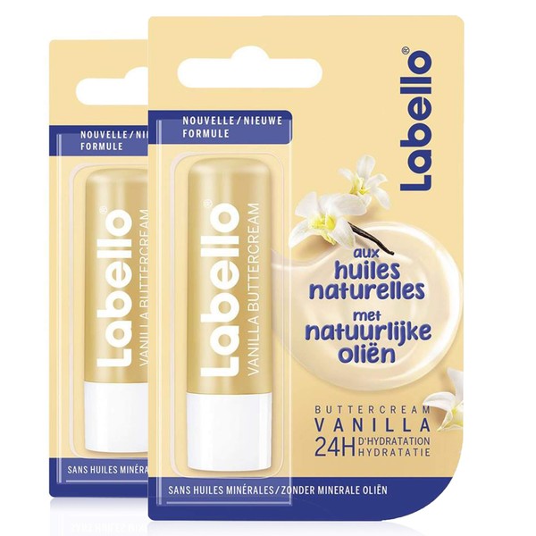 Nivea Labello Vanilla Buttercream (2 x 5.5 ml), Lip Balm Enriched with Natural Oils, Lip Balm, Long-Lasting Moisturiser for 24 Hours
