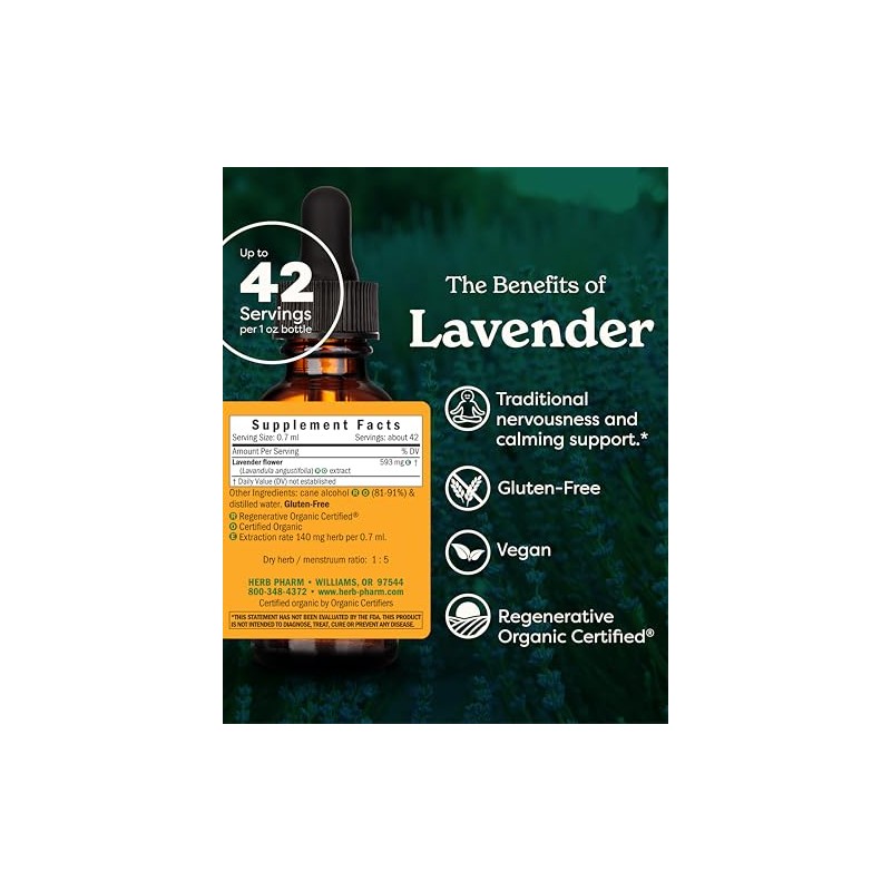 Herb Pharm Certified Organic Lavender Flower Liquid Extract for Calming