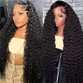28 Inch Deep Wave Lace Front Wigs Human Hair 250% Density 13x6 HD Transparent Lace Frontal Wigs Human Hair Curly Wigs for Women Pre Plucked with Baby Hair Curly Lace Front Wig Human Hair Natural Color