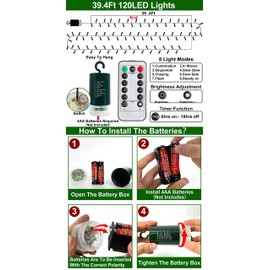 TURNMEON 120LED 39.4Ft Christmas String Lights Battery Operated Timer 8 Modes Remote Control Waterproof Green Wire Xmas Tree Fairy Lights Decor Outdoor Indoor Home Party Garden (Warm White)