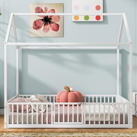 Full Size Metal House Bed Frame for Boys Girls Kids Adults Toddler with Fence and Door, White
