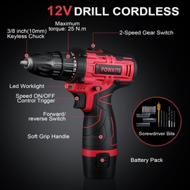 POWKITS Cordless Drill Tool Set: 12V Power Drill Tool Kit with Battery & Charger, 142Pcs Home Hand Repair Tools Box, Portable Household Basic Drills Case for Men & Women, Red