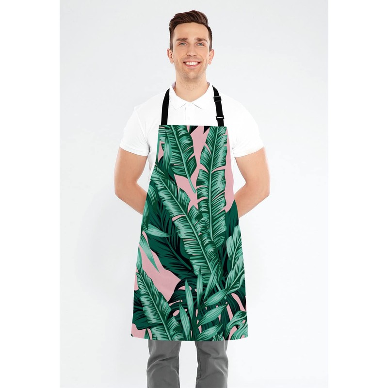 Wasach Banana Leaf Apron, Tropical green leaves Apron,Adjustable Neck Bib