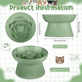 Tioncy 2 Pcs Ceramic Slow Feeder Raised Cat Bowl Cat Food Bowl Elevated Cat Bowls Dry Wet Food and Water Bowl Easy to Clean Pet Bowls High Edge for Cats Small Dogs, Dishwasher Safe (Sage Green)
