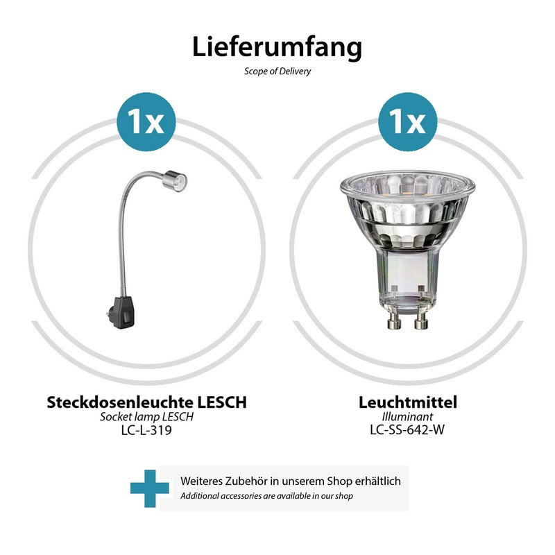 ledscom.de LESCH Socket Lamp Reading Lamp Gooseneck Switch Chrome /