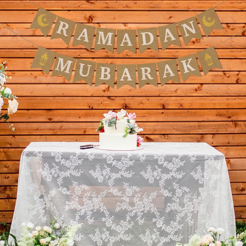 Jute Burlap Ramadan Mubarak Banner with Moon and Star Ramadan