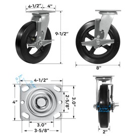 NINOSO Heavy Duty Casters, No Noise Rubber Wheel on Cast Iron, 8" Industrial Casters Set of 4 with Load Capacity 4400lbs (2 Brake & 2 Rigid)