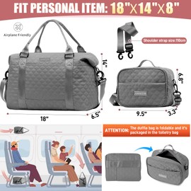 FIORETTO Women's Gym Duffle Bag with Shoes Compartment, Multi-Functional, Ideal for Travel, Gym, Sports, Duffel, Weekender, Quilted, with Toiletry Bag, Grey