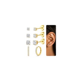 Chriscoco 4 Pairs of Earrings 925 Silver Set 18 K Gold-Plated Stud Earrings Gold/Silver 925 Women's Helix Piercing Ear Zirconia Hoop Earrings for Multiple Ear Holes, Silver, No gemstone