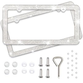 Diamond Rhinestone Bling License Plate Frames for Women, Men - 2 Pack Handcrafted Bedazzled License Plate Cover with Glittery Crystal Screw Caps Stainless Steel - Sparkle Car License Plate Frame White