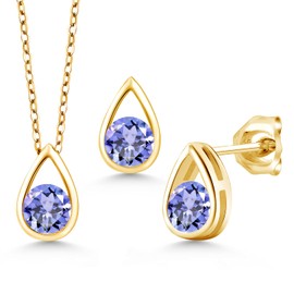 Gem Stone King 18K Yellow Gold Plated Silver 5MM Round Gemstone Birthstone Teardrop Pendant Earrings Set | Jewelry Set for Women | With 18 Inch Chain