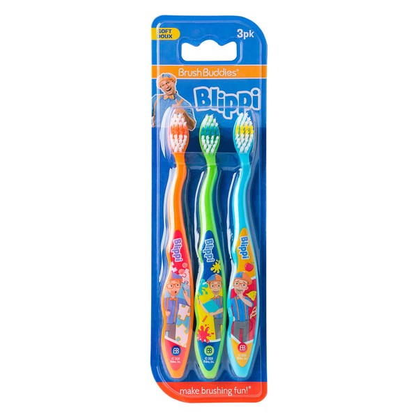 Brush Buddies 3 Pack Blippi Toothbrush for Kids, Children's Toothbrushes, Soft Bristle Toothbrushes for Kids