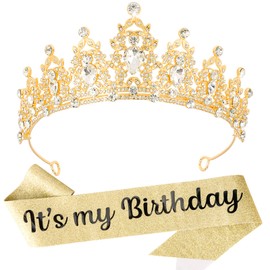 KICOSY It's My Birthday Crown and Sashes for Women Girls, Birthday Crystal Princess Tiara and Sash Set for Girl, Birthday Party Decorations Birthday Headband Gifts Birthday Accessories for Girl