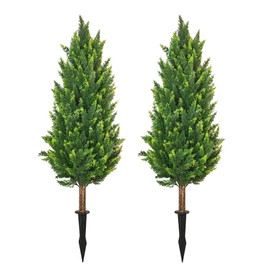 chilsoby 3.2Ft UV-Resistant Artificial Cedar Topiary Trees with Ground Spike, Set of 2 Faux Cypress Trees Artificial Shrubs Fake Pine Bushes for Indoor Outdoor Garden, Patio Decor