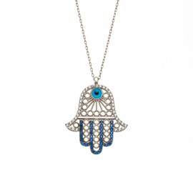 Sterling Silver Hamsa Evil Eye Necklace, Blue Cubic Zirconia Crystal Pendant, 925 Rhodium Plated