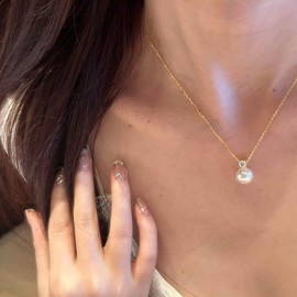 ALRNBY Gold Pearl Necklace for Women Dainty Single Pearl Pendant Choker Necklaces Wedding Guest Dress Trendy Jewelry Gift (C-Gold CZ)