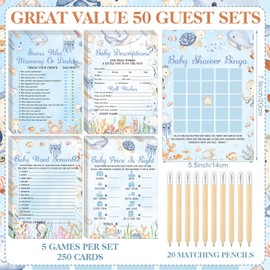 Patelai 321 Pcs Baby Shower Games Supplies, 5 Sets (50 Cards Each) Activities Cards with 20 Pencils 1 Don't Say Baby Sign 50 Clothespin (Under the Sea)