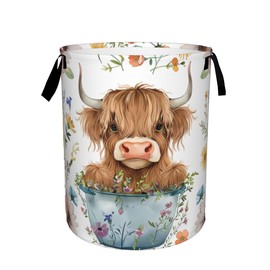 Cute Highland Cow Animal Laundry Basket, Foldable Waterproof Storage Basket with Handle for Clothes Storage/Toy Storage/College Dormitory/Home Decoration