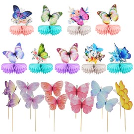 Aohcae Butterfly Party Table Decorations, 9 Pieces Butterfly Honeycomb Centerpiece with 12 Pcs Butterfly Cupcake Toppers Butterfly Theme Birthday Party Decoration Butterfly Baby Shower Supplies