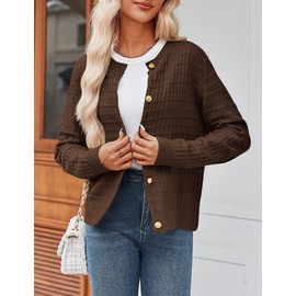 Zeagoo Women's 2024 Cardigan Sweaters Button Down Crew Neck Open Front Brown