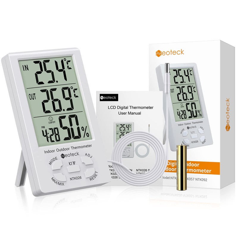 Neoteck 3 in 1 Thermometer Hygrometer with Clock Large LCD