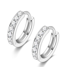 Mini Creole Earrings Silver 925 Small with Black White Stone 5 mm - 11 mm Hoop Earrings Various Sizes Earrings Folding Hoop Earrings Cubic Zirconia Huggie Hoops Earrings, Silver