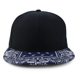 Armycrew Paisley Bandana Print Flat Bill Snapback Cap - Black Navy