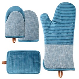 TIPTAP Oven Mitts，4pcs Oven Mitts Set，Non-Slip Cotton Oven Mitt and Pot Holders – Heat Resistant, Durable，Machine Washable，1 Long Mit, 2 Mini Oven Mitts and 1 Pot Holder (Blue)