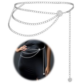 JIEYAO Multilayer Metal Chain Belts, Womens Metal Belts for Dresses Adjustable Body Belly Chain Long Waist Belt for Jeans(Silver,105cm/41.3in)