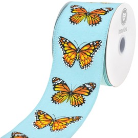 HOMEFORD Spring Monarch Butterfly Faux Linen Wired Ribbon, 2-1/2-inch, 10-Yard, Aqua