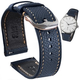 CHIIIVN Handmade Epsom Leather Watch Bands - Premium Top Grain Epsom Leather, Soft Goat Leather Lining, Quick Release, Multiple Sizes (18mm, 19mm, 20mm, 21mm, 22mm), Black, Brown, Blue, Green, Grey (19-16, Navy/Blue)