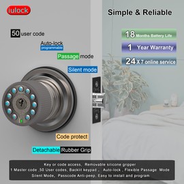 iulock Smart Door Knob with Keypad and Key,Keyless Entry Door Lock with Rubber Grip, Auto Lock,50 User Code,Waterproof, Easy to Install and Program for Bedroom Garage Office Gate (Satin Nickel)
