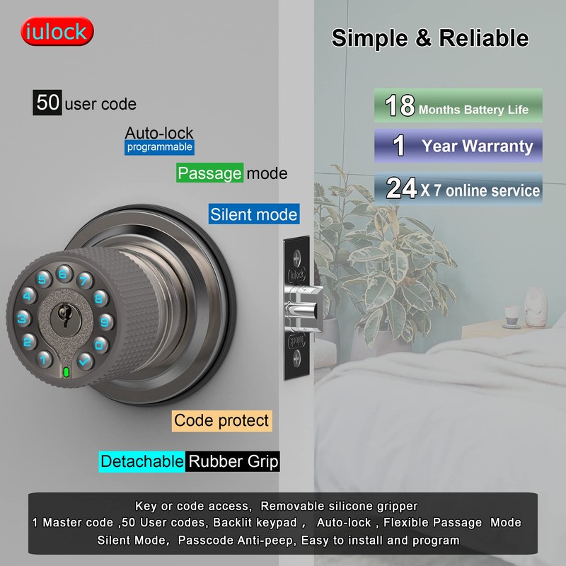 iulock Smart Door Knob with Keypad and Key,Keyless Entry Door