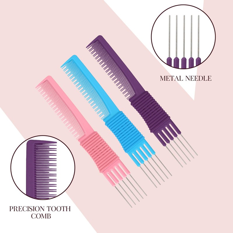 3 Pack Lift Teasing Combs with Metal Prong Salon Teasing
