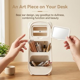Bear Pen Holder with Mirror, Cute Desk Organizer Pencil Cup