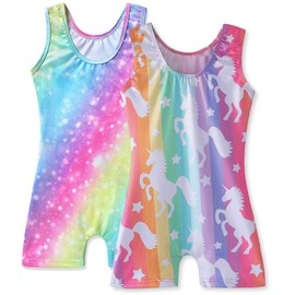 HOZIY Gymnastics Leotards for Girls with Shorts Toddlers Biketards Rainbow Unicorn Dinosaur Mermaid Leopard Flower Galax
