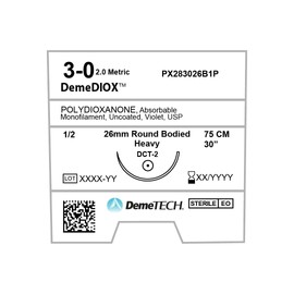 DEMETECH DemeDIOX Synthetic Absorbable Polydioxanone Monofilament Suture, DFS-1, 24mm, 3/8 Circle, Reverse Cutting Needle, USP Size 2-0, 30 inches, (75cm), Violet