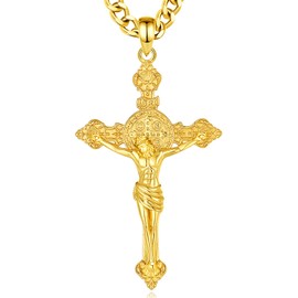 INFUSEU Jesus Cross Necklace, Crucifix 925 Sterling Silver 18K Gold Benedict Seals Patron Pendant Christian Faith Religious Divine Spiritual Protection Jewelry Amulet Gifts for Men Women