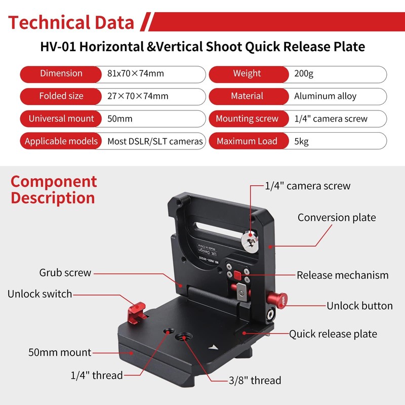 IFOOTAGE Camera L Bracket HV-01, Vertical/Horizontal Conversion Tripod Quick Release