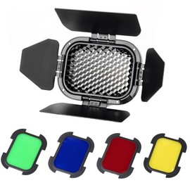 GODOX BD-07 Dedicated Barn Door with Honeycomb Grid and 4 Color Gel Filters (Yellow, Green, Red, Blue) for GODOX AD200 Pocket Speedlite Fresnel Flash Head + LETWING Clean Cloth