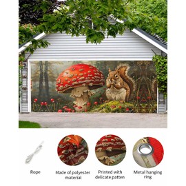 Fall Harvest Forests Mushrooms Garage Door Decorations, Large Hanging Garage Door Cover Banner with Grommets, Thanksgiving Squirrels Backdrop Door Mural for Indoor Outdoor Party Wall Yard, 7x8ft