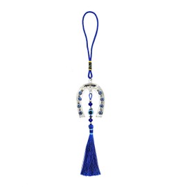 LUCKBOOSTIUM Evil Eye Horseshoe Charms Pendant w/Blue Tassels for Good Luck & Protection Evil Eye Car Hanging Ornament Rear View Mirror Accessories Home Decor Charm Gift for Men and Women