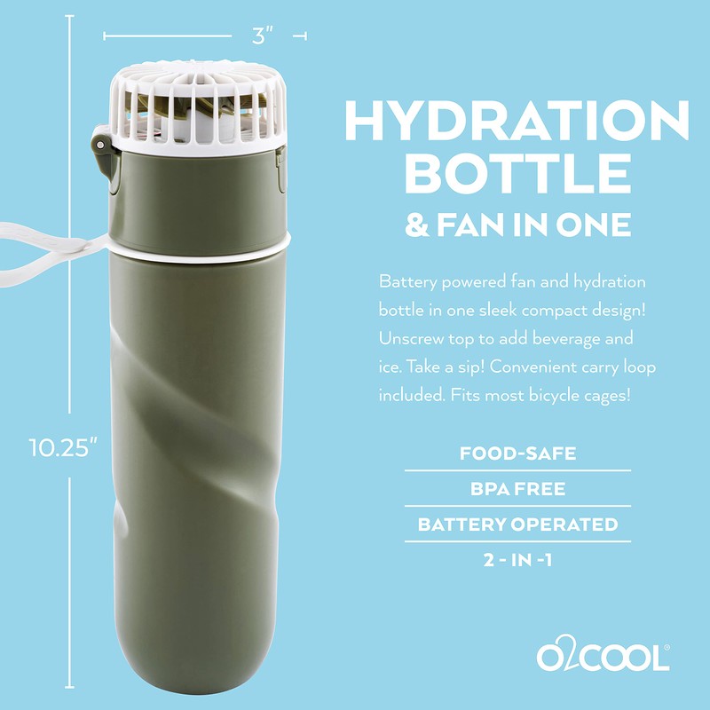 O2COOL Breezy Sip Water Bottle With Removeable Handheld Battery Powered