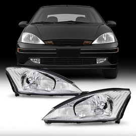 ADCARLIGHTS for Ford Focus 2000-2004 Headlight Assembly for 2000 2001 2002 2003 2004 Ford Focus Clear Lens Chrome Housing with Clear Reflector Headlamp Replacement Left and Right Pair