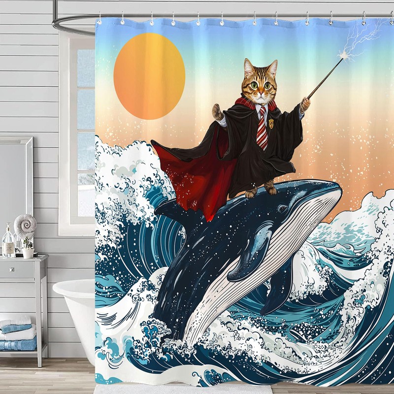 Fowocu Funny Cat Whale Shower Curtain Fun Cool Japanese Ocean