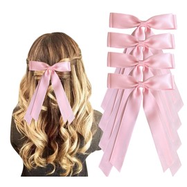 4pcs Silky Satin Ribbon Bow Hair Clips for Women Bowknot Hair Ponytail Holder Accessories for Women Girls Toddlers Teens Kids Party Wedding Prom Daily Outfits (Light pink 4pcs)