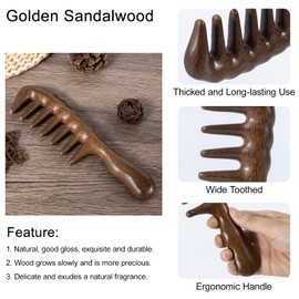 Beomeen Wooden Wide Tooth Comb, Large Thicken Natural Sandalwood Hair Combs for Curls, Women and Men, Detangles Long Thick Wet or Dry Hair, Head Scalp Massager, Anti-static (Golden Sandalwood)