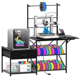 3D Printer Stand with Filament Storage Rack, Integrated Heavy Duty 3D Printer Table Workstation with Power Outlet and Storage Drawers, 3D Printing Desk Compatible with Bambu Lab, Creality