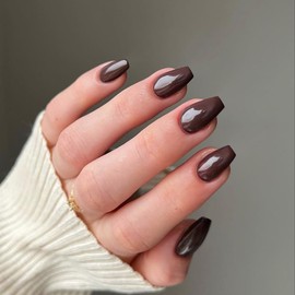 SXVME Brown False Nails Coffin, Medium Short Press on Nails Coffin, Dark Brown Glue on Nails Gel Fake Nails for Women, Short Ballerina Acrylic Nails for Daily Wear 24 Pcs